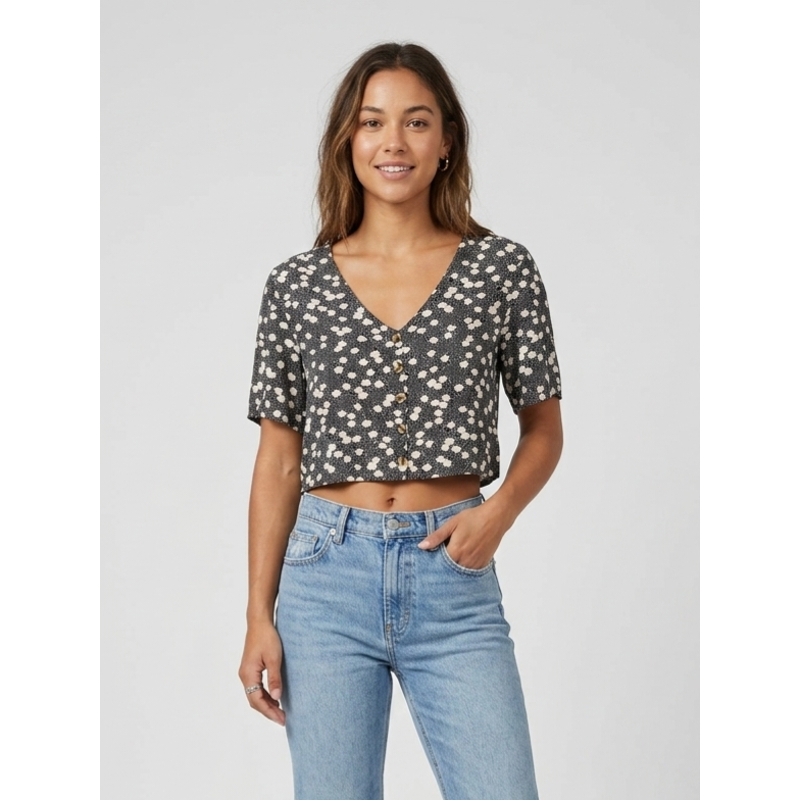 Amuse Society Black Floral Button Front Cropped Boho Blouse Size S